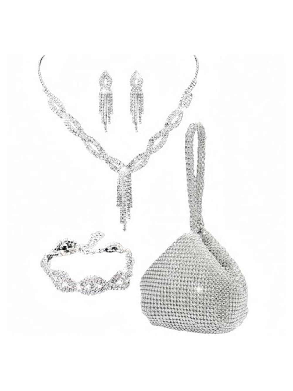 Rhinestone Jewelry Set 4 Pcs Triangle Clutch Necklace Bracelet Earrings